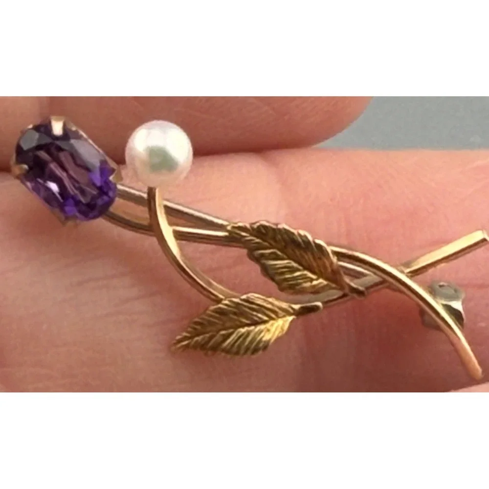 Vintage Floral Brooch Amethyst Freshwater Pearl Gold Filled 1.25